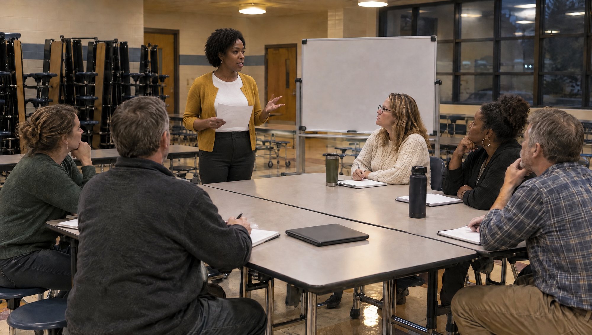 A PTO board meeting in a school cafeteria: one woman stands at the table reading from a page while five others listen and take notes