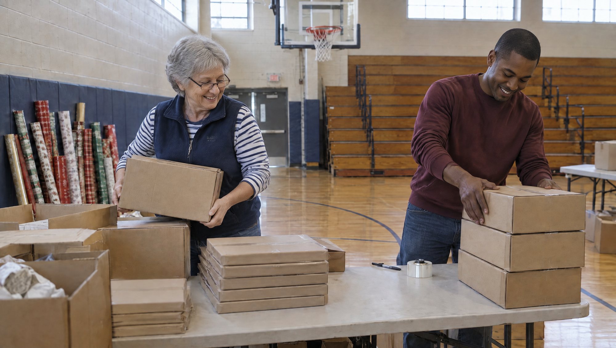 Two volunteers stacking boxes of catalog orders on a folding table in a school gym, with rolls of wrapping paper leaning against the wall