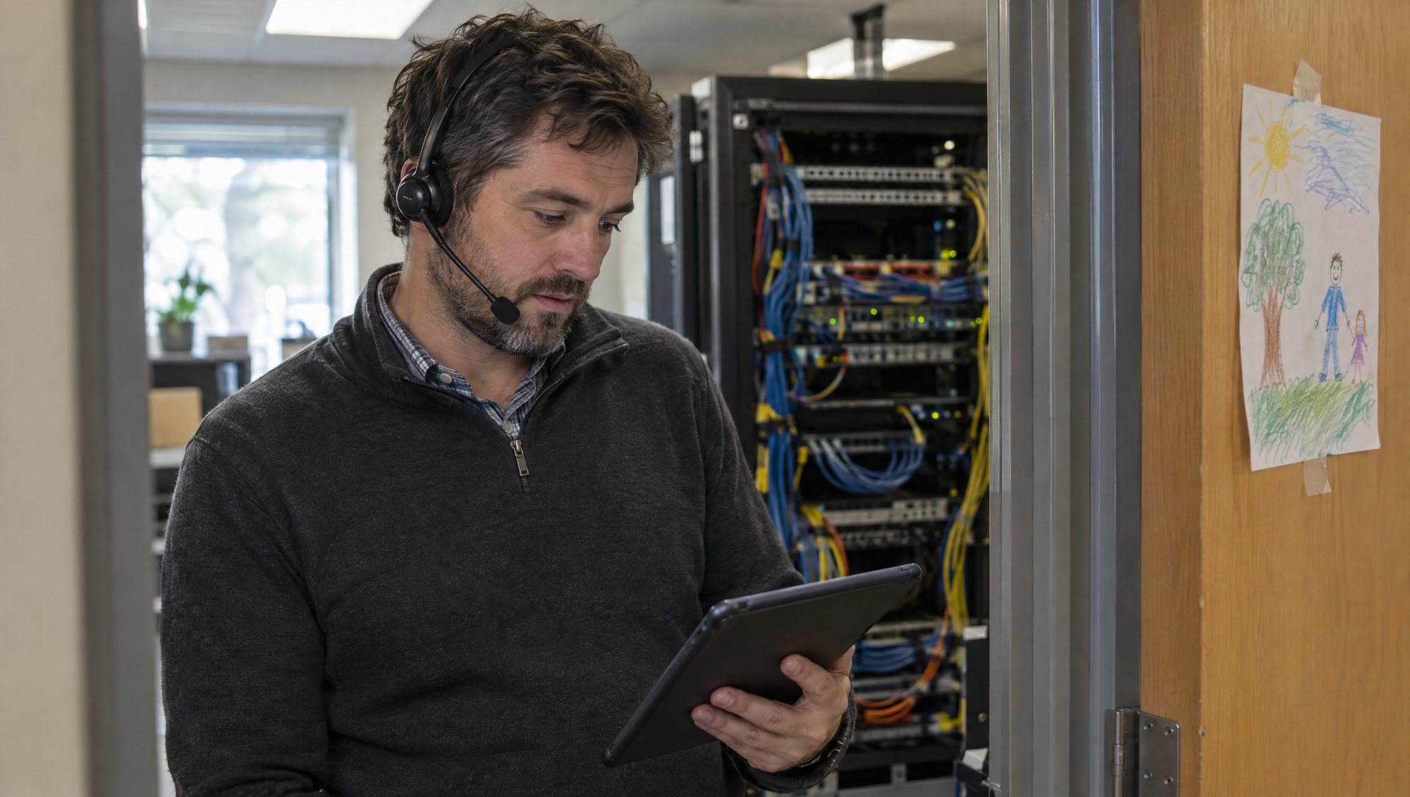 An IT manager wearing a headset stands in a server-room doorway reading a tablet; a child’s crayon drawing is taped to the door frame