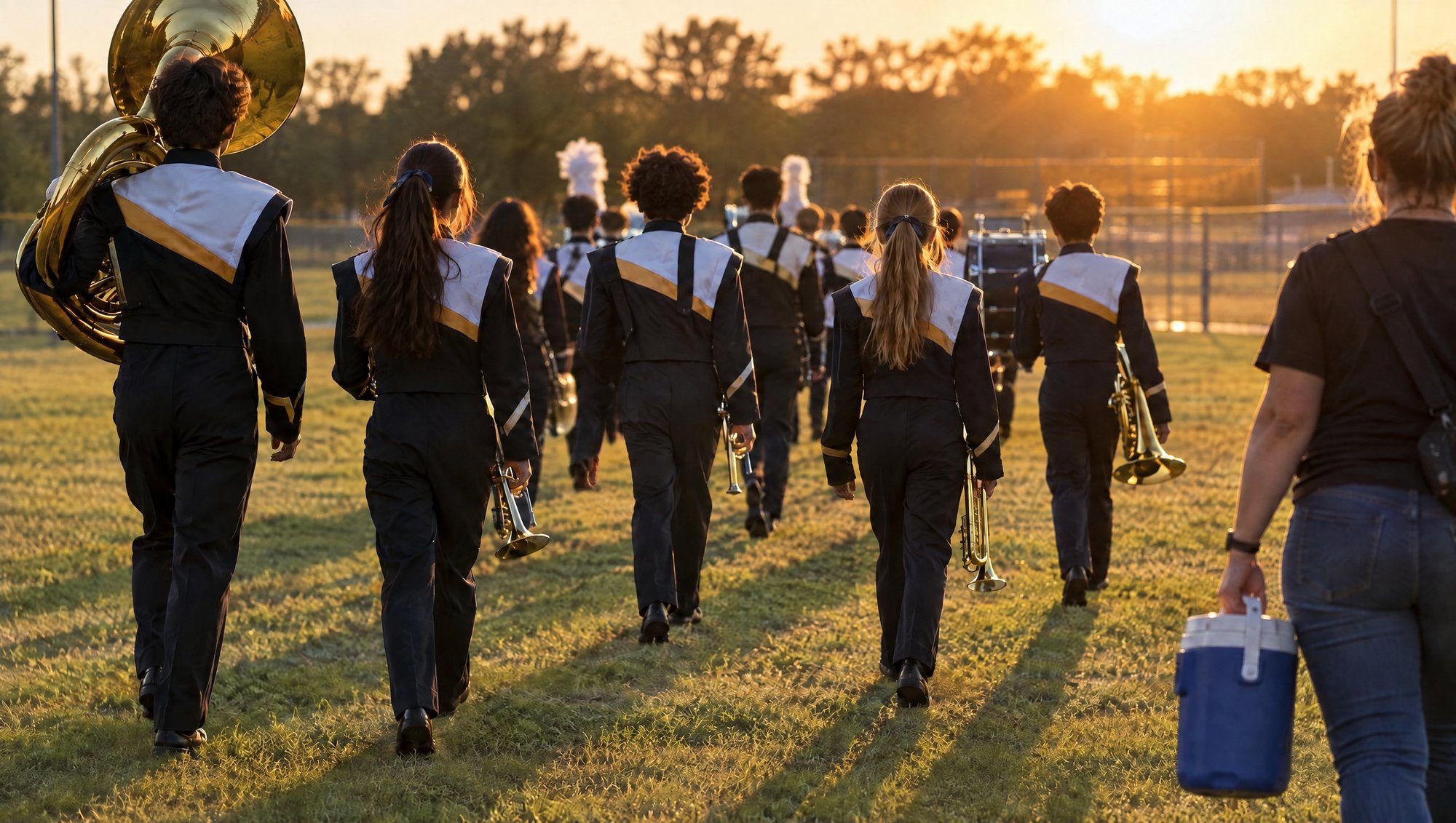 A marching band in uniform walking away across a field at sunset, carrying their instruments, with a parent alongside carrying a cooler