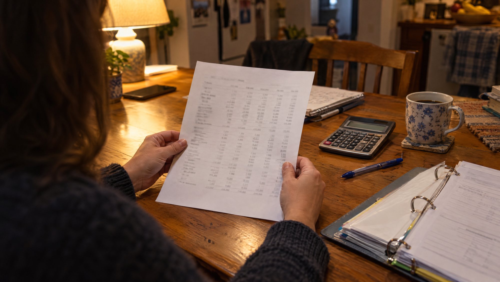Over the shoulder of a treasurer at a kitchen table, holding a page of figures beside a calculator, a mug and an open binder